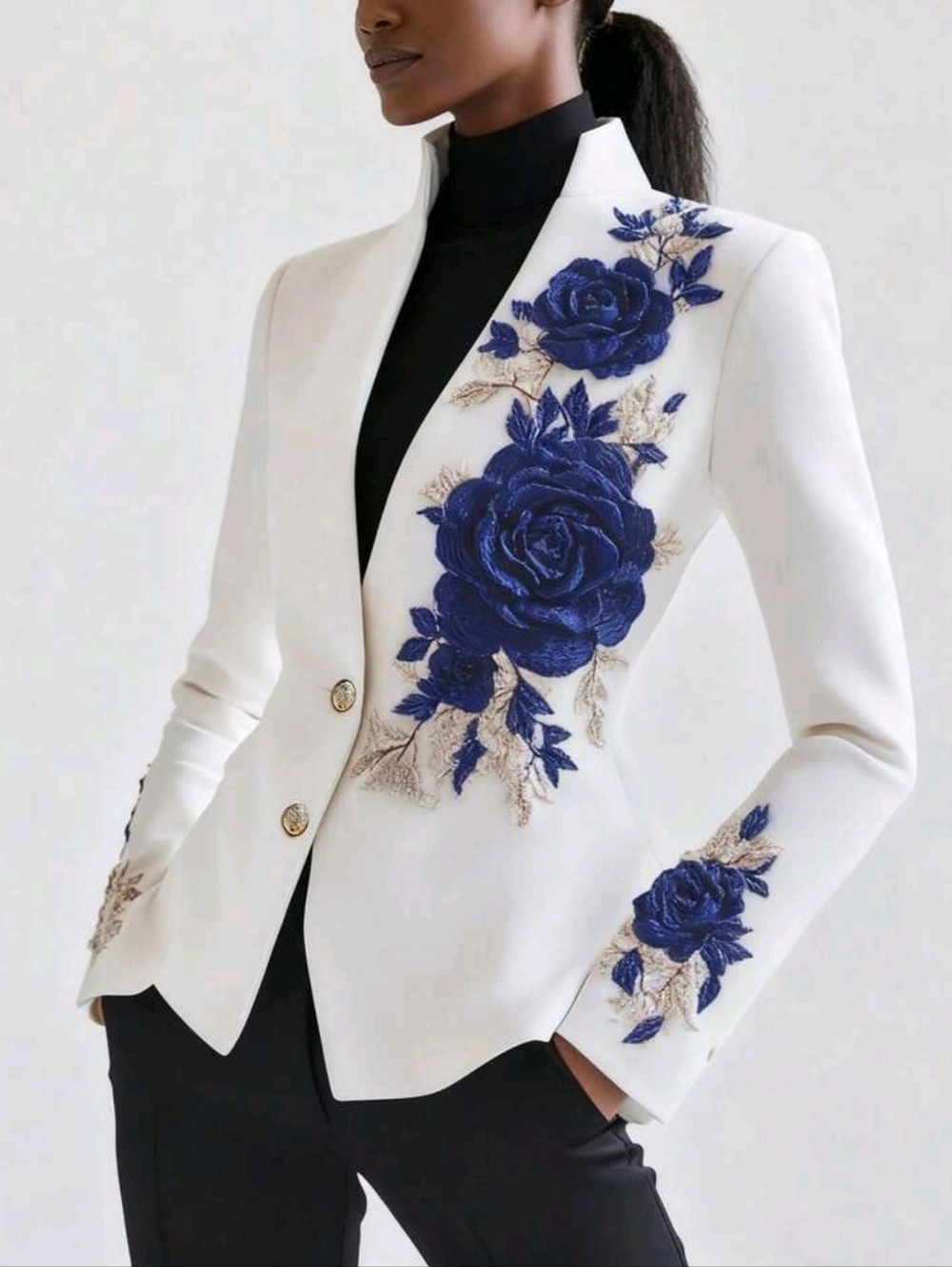 Women's Fashion Delicate Floral Embroidered Front Button Blazer Jacket - Picture 1 of 4